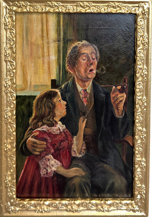 Antique Oil Painting Genre Scene Man With Pipe Child Interior Gilt Frame
