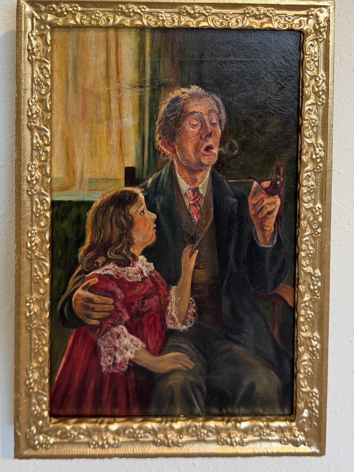 Antique Oil Painting Genre Scene Man With Pipe Child Interior Gilt Frame