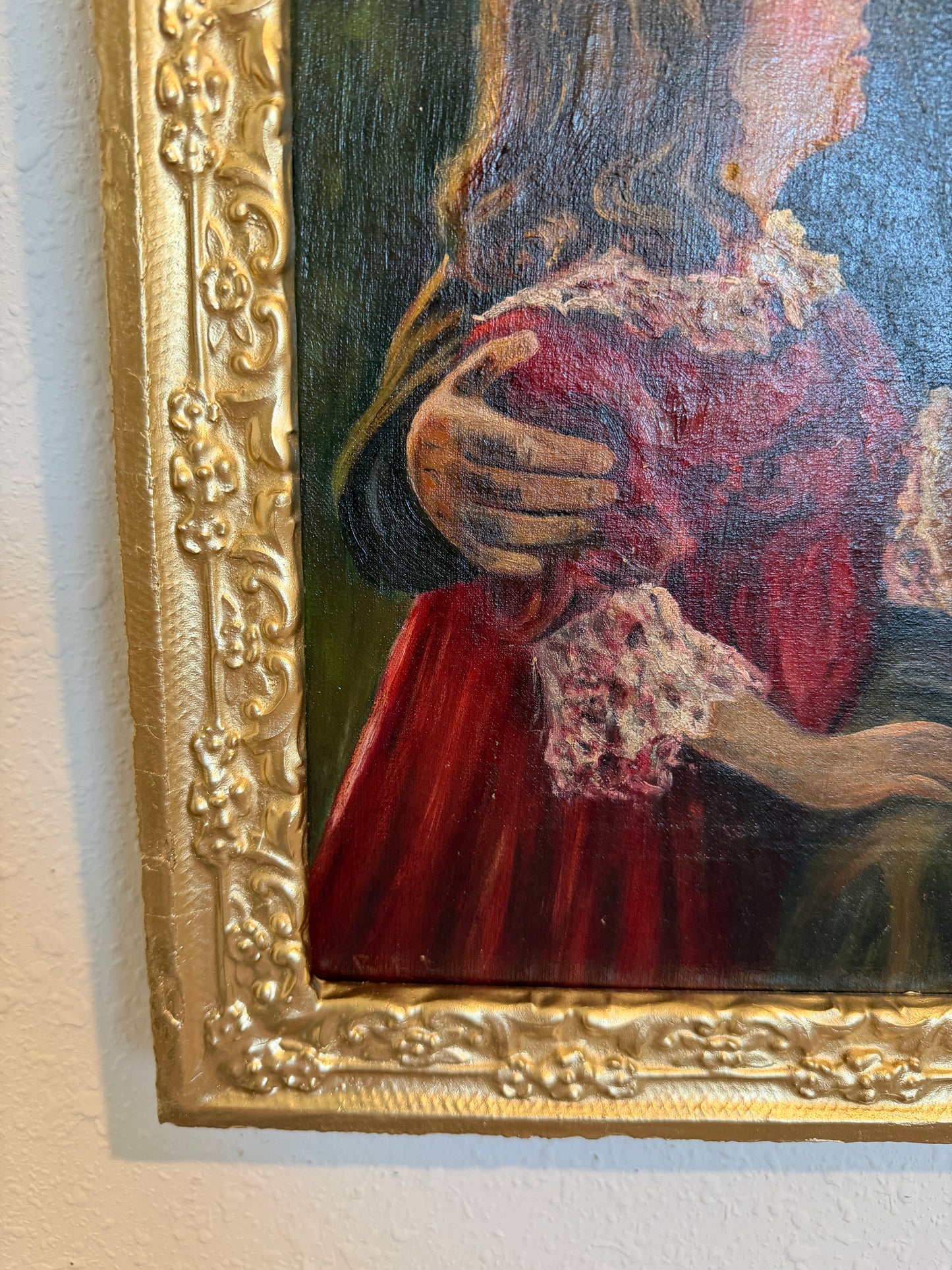 Antique Oil Painting Genre Scene Man With Pipe Child Interior Gilt Frame