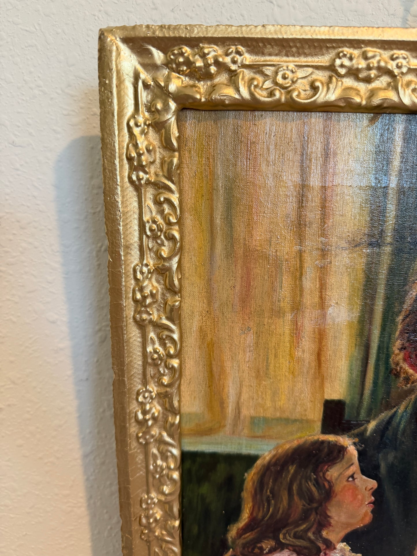 Antique Oil Painting Genre Scene Man With Pipe Child Interior Gilt Frame