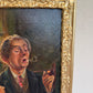 Antique Oil Painting Genre Scene Man With Pipe Child Interior Gilt Frame