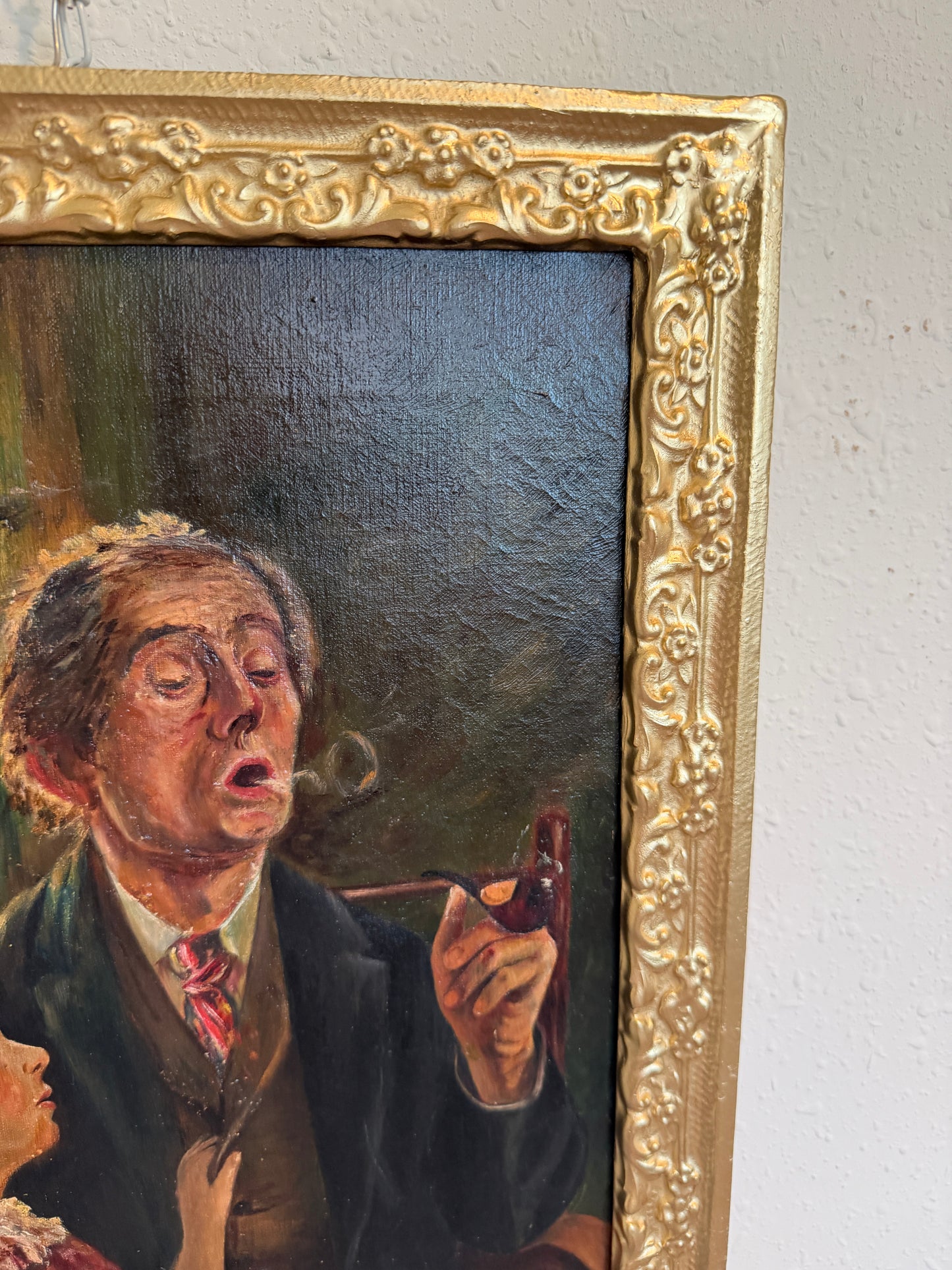 Antique Oil Painting Genre Scene Man With Pipe Child Interior Gilt Frame