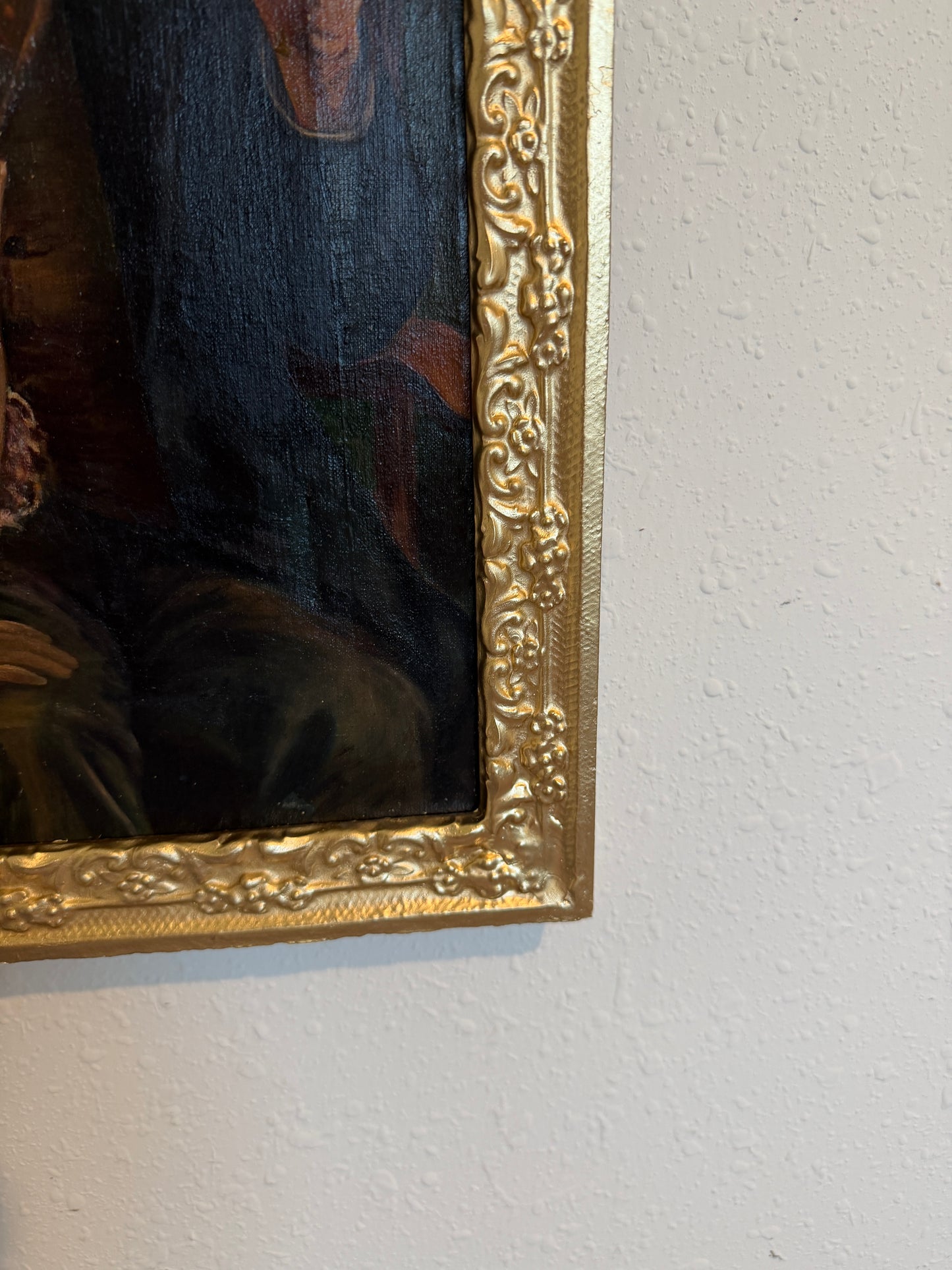 Antique Oil Painting Genre Scene Man With Pipe Child Interior Gilt Frame