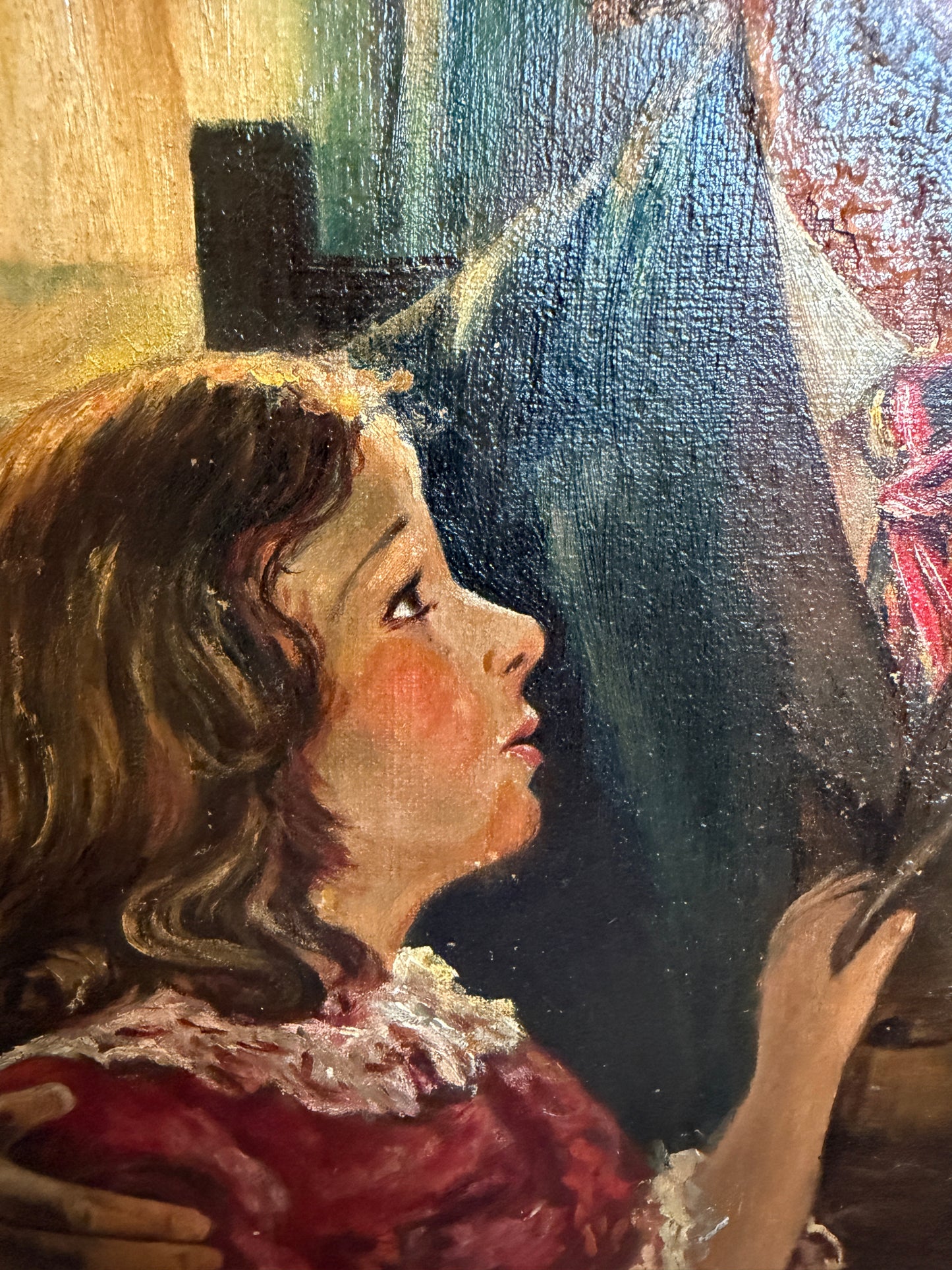 Antique Oil Painting Genre Scene Man With Pipe Child Interior Gilt Frame