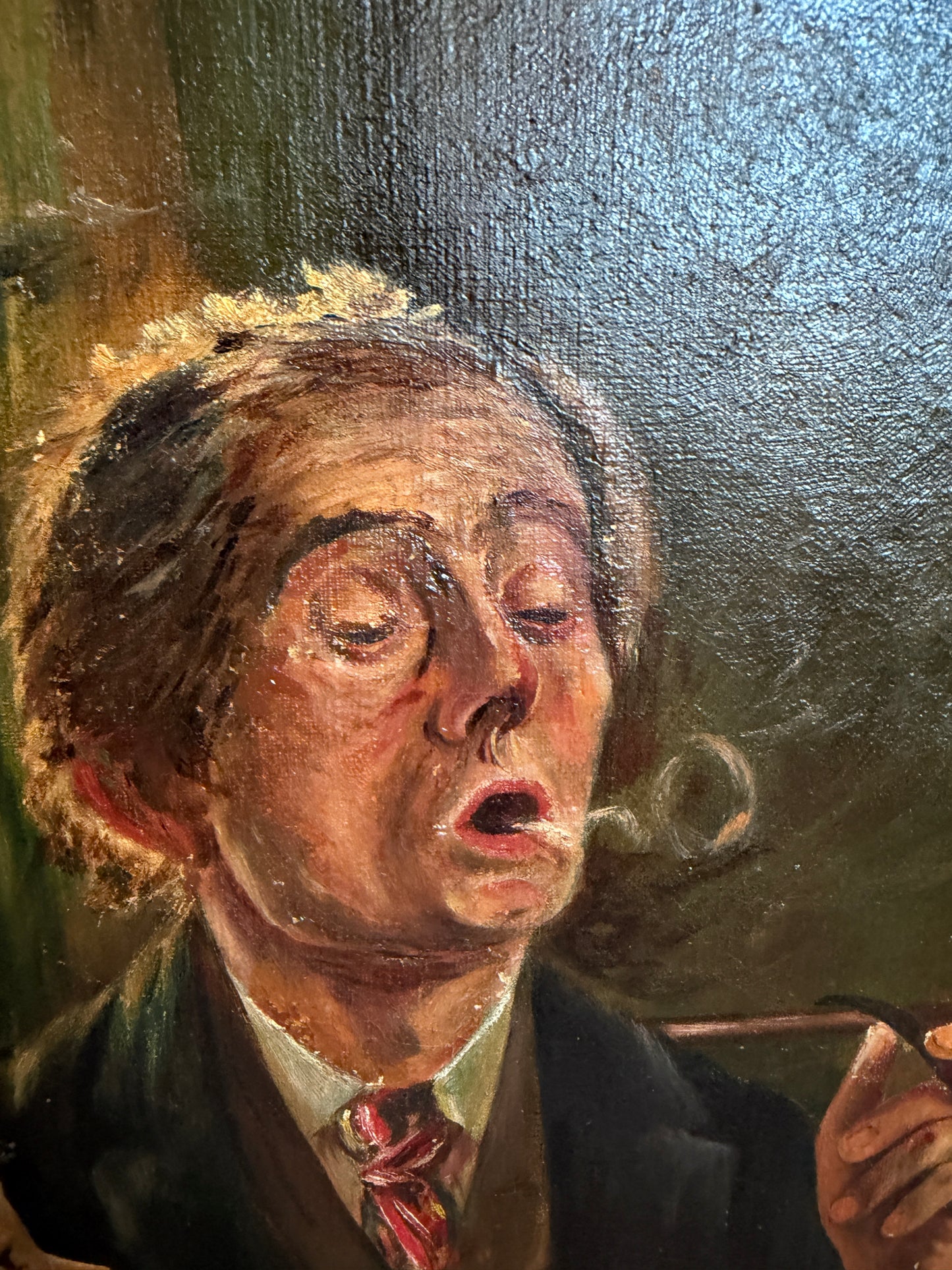 Antique Oil Painting Genre Scene Man With Pipe Child Interior Gilt Frame