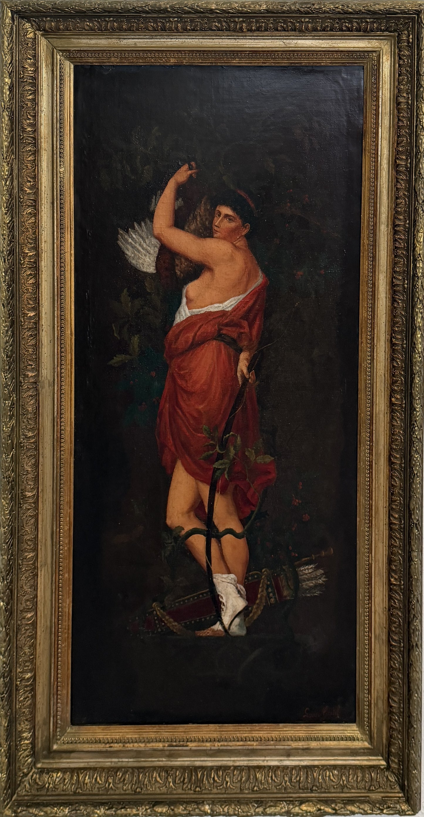 Antique 19c. Original Oil Painting French school Huntress, Signed, Gild Frame