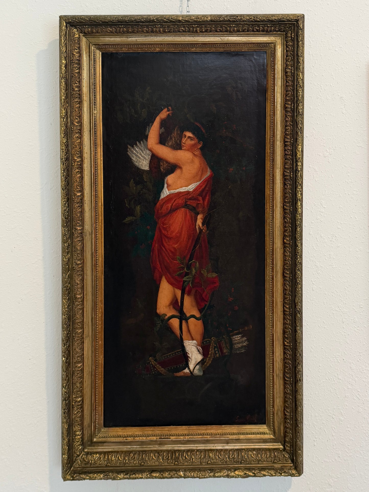 Antique 19c. Original Oil Painting French school Huntress, Signed, Gild Frame