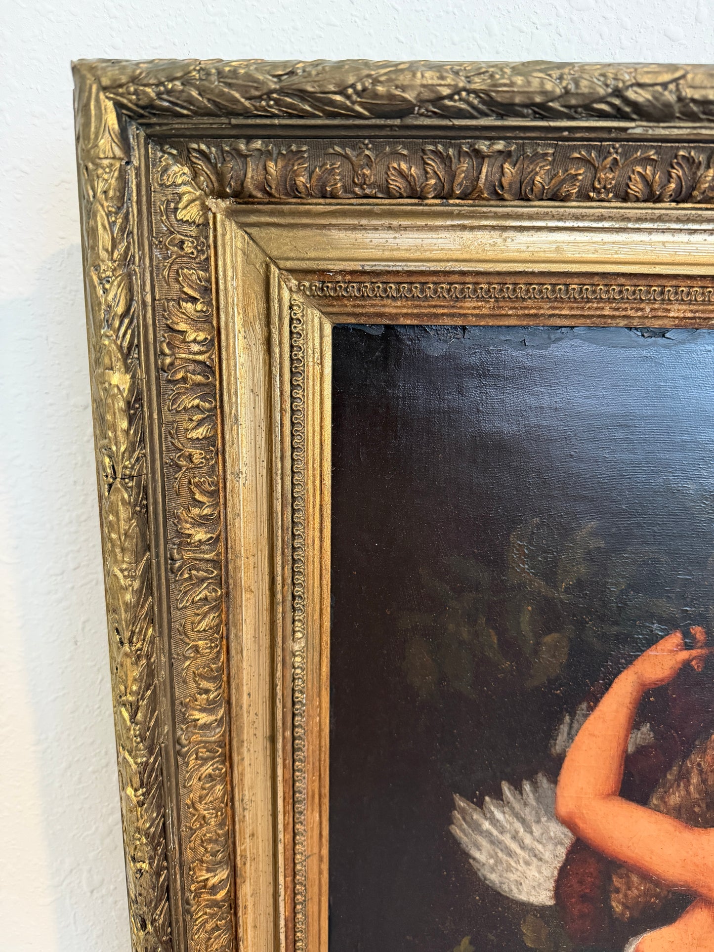 Antique 19c. Original Oil Painting French school Huntress, Signed, Gild Frame