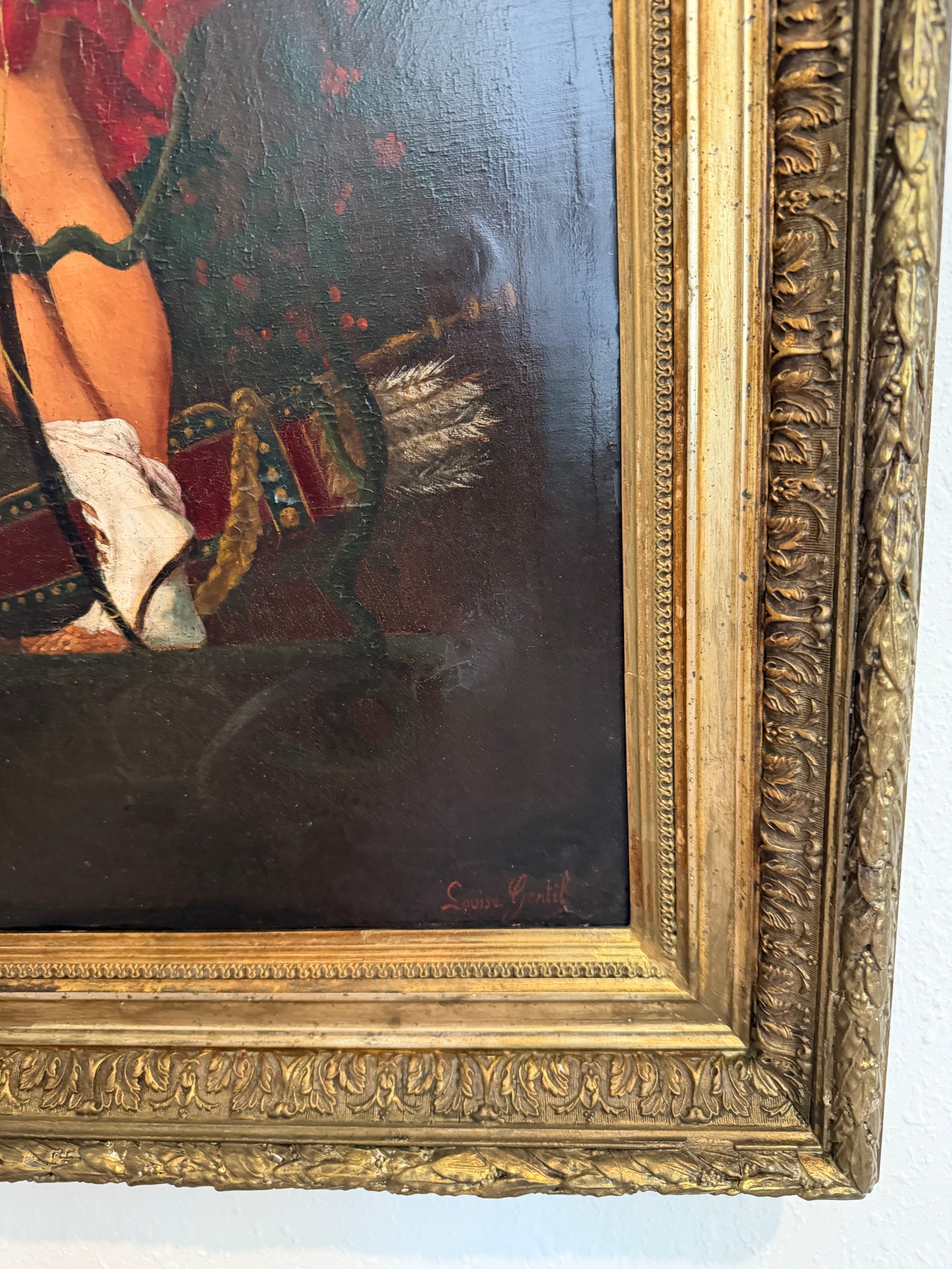 Antique 19c. Original Oil Painting French school Huntress, Signed, Gild Frame