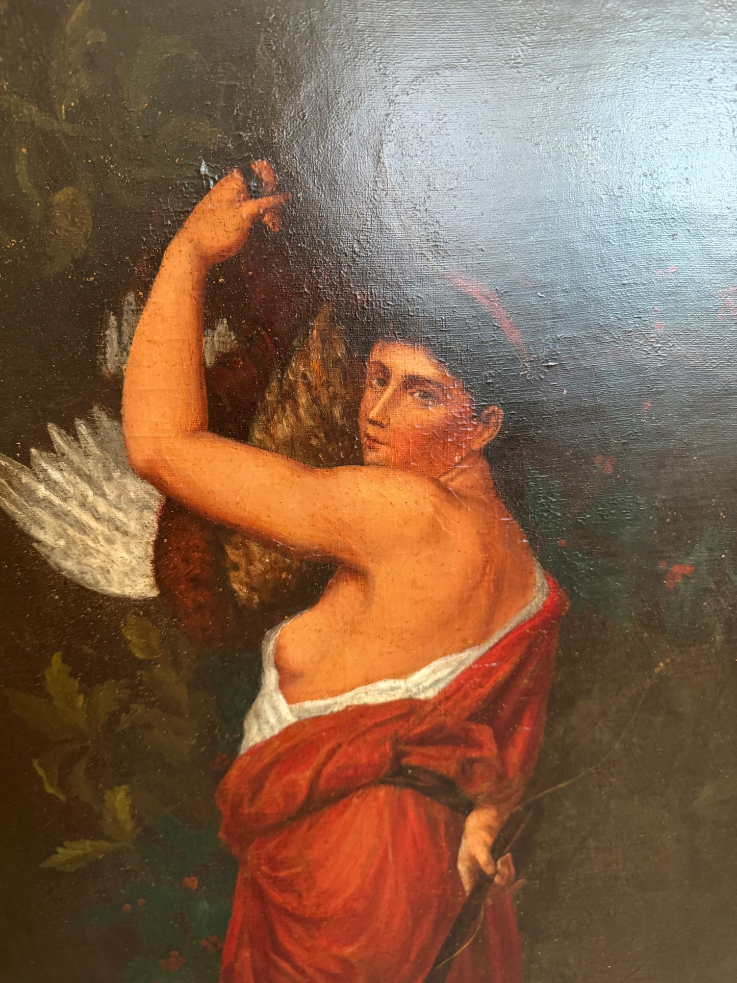 Antique 19c. Original Oil Painting French school Huntress, Signed, Gild Frame