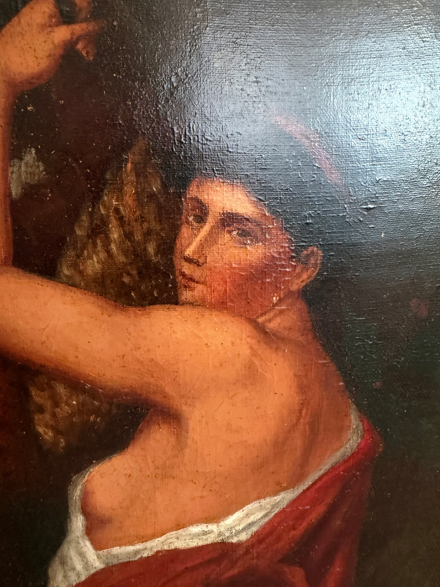 Antique 19c. Original Oil Painting French school Huntress, Signed, Gild Frame