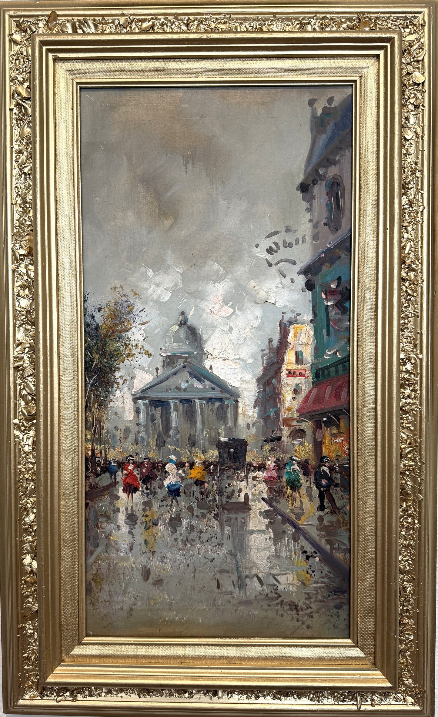 Vintage Paris Street Scene Oil Painting Panthéon Gilt Frame Impressionist