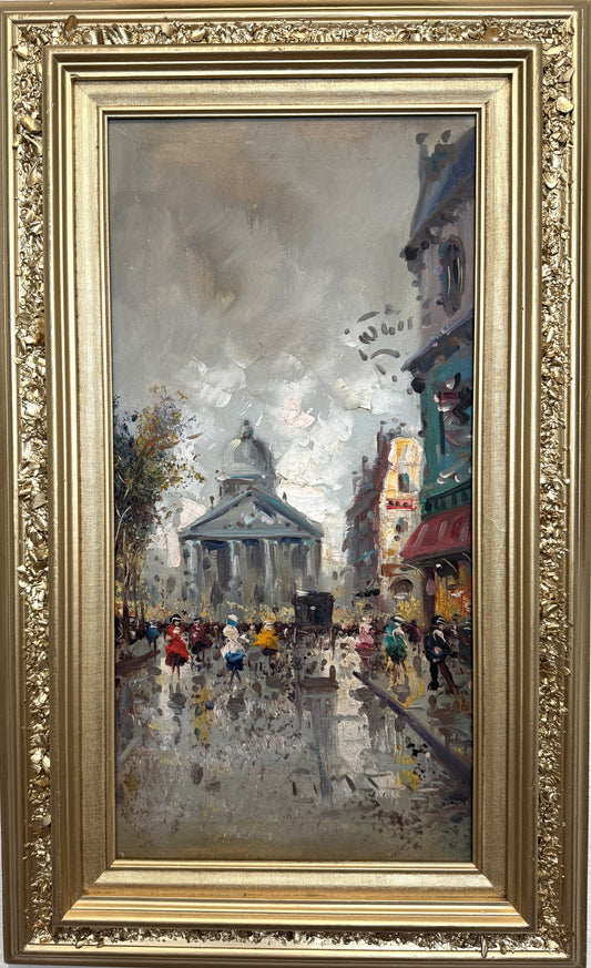 Vintage Paris Street Scene Oil Painting Panthéon Gilt Frame Impressionist