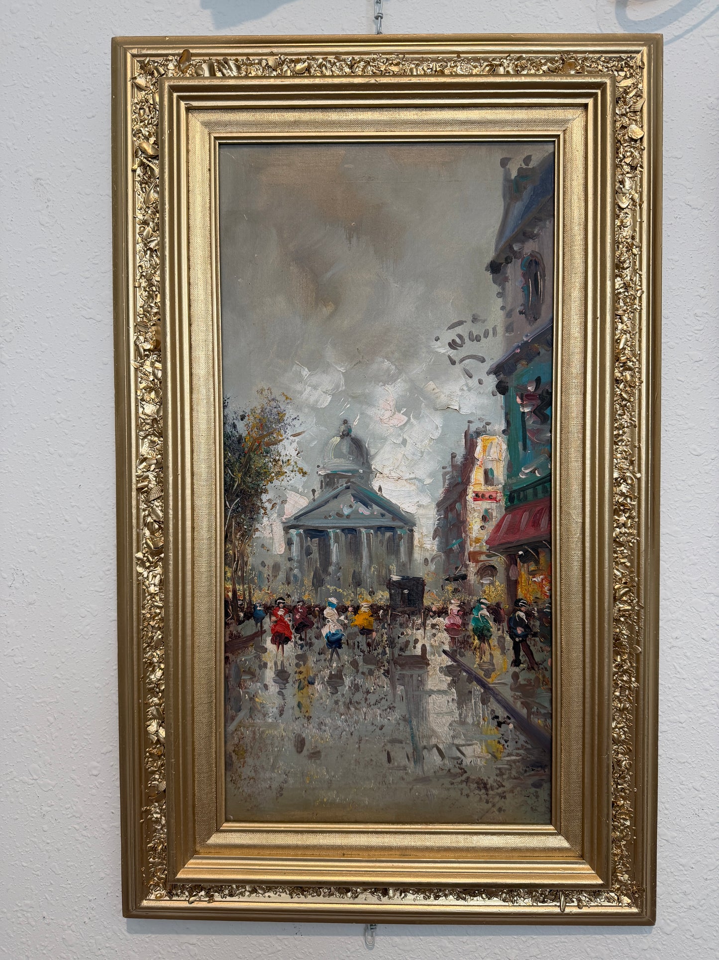 Vintage Paris Street Scene Oil Painting Panthéon Gilt Frame Impressionist