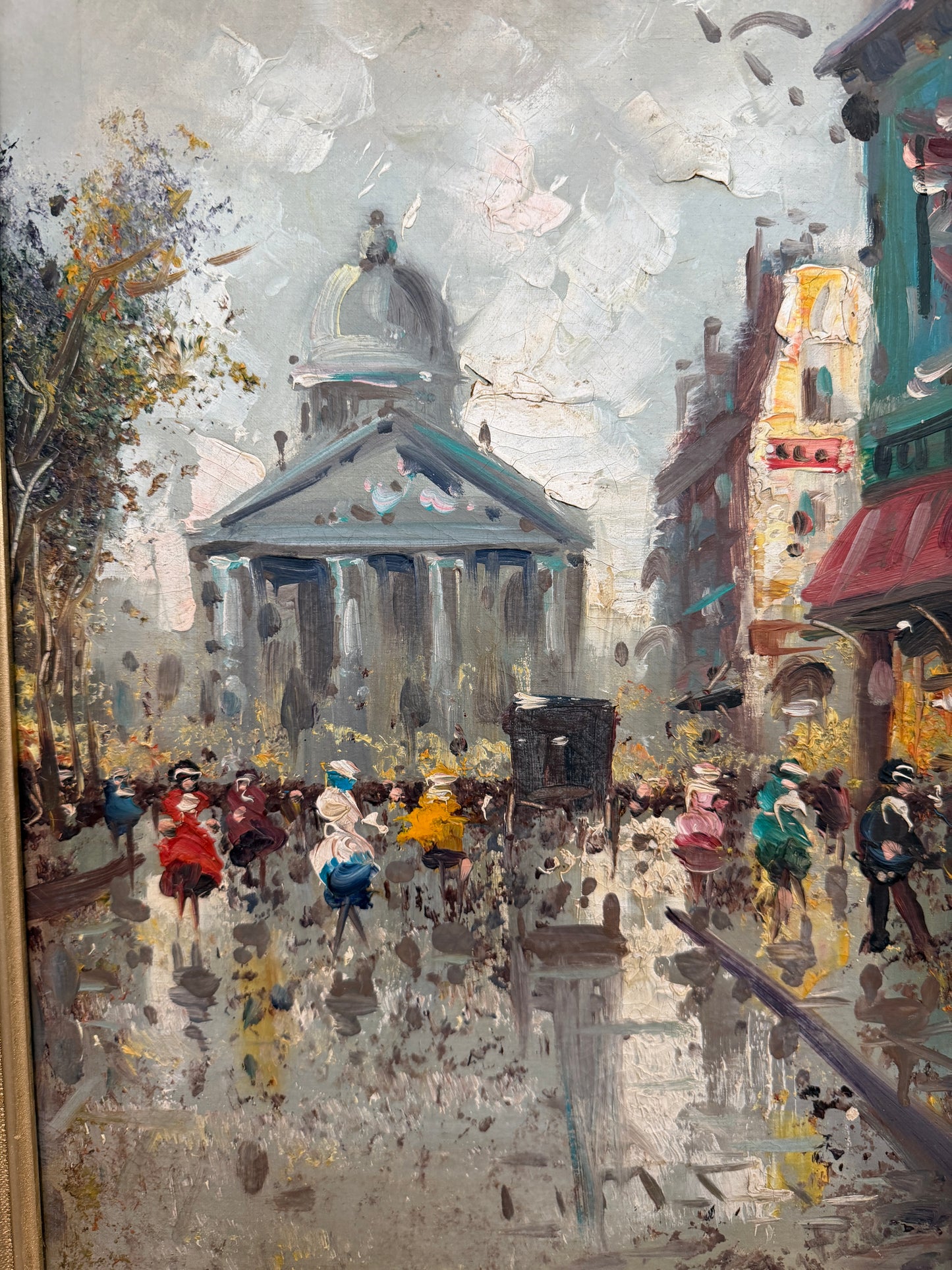 Vintage Paris Street Scene Oil Painting Panthéon Gilt Frame Impressionist