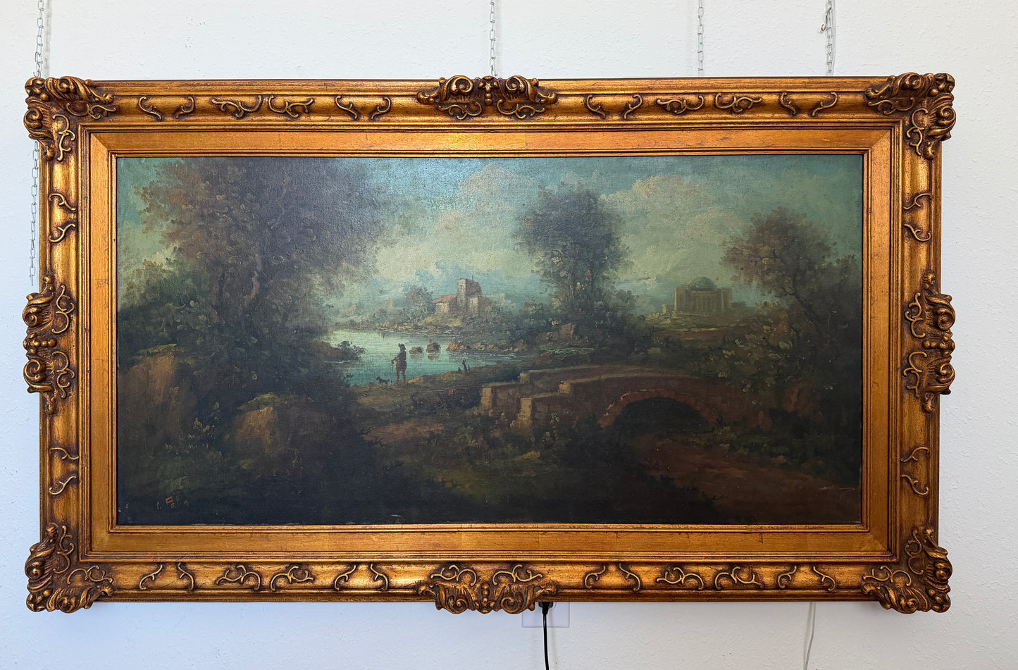 C. Patin Huge Vintage European Cityscape/ Landscape Oil Painting Gilt Frame