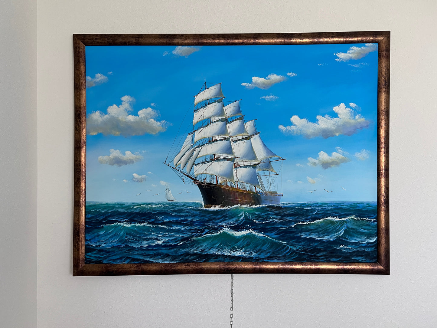 Large Original painting on canvas, seascape, Sailing Ship, signed, Framed