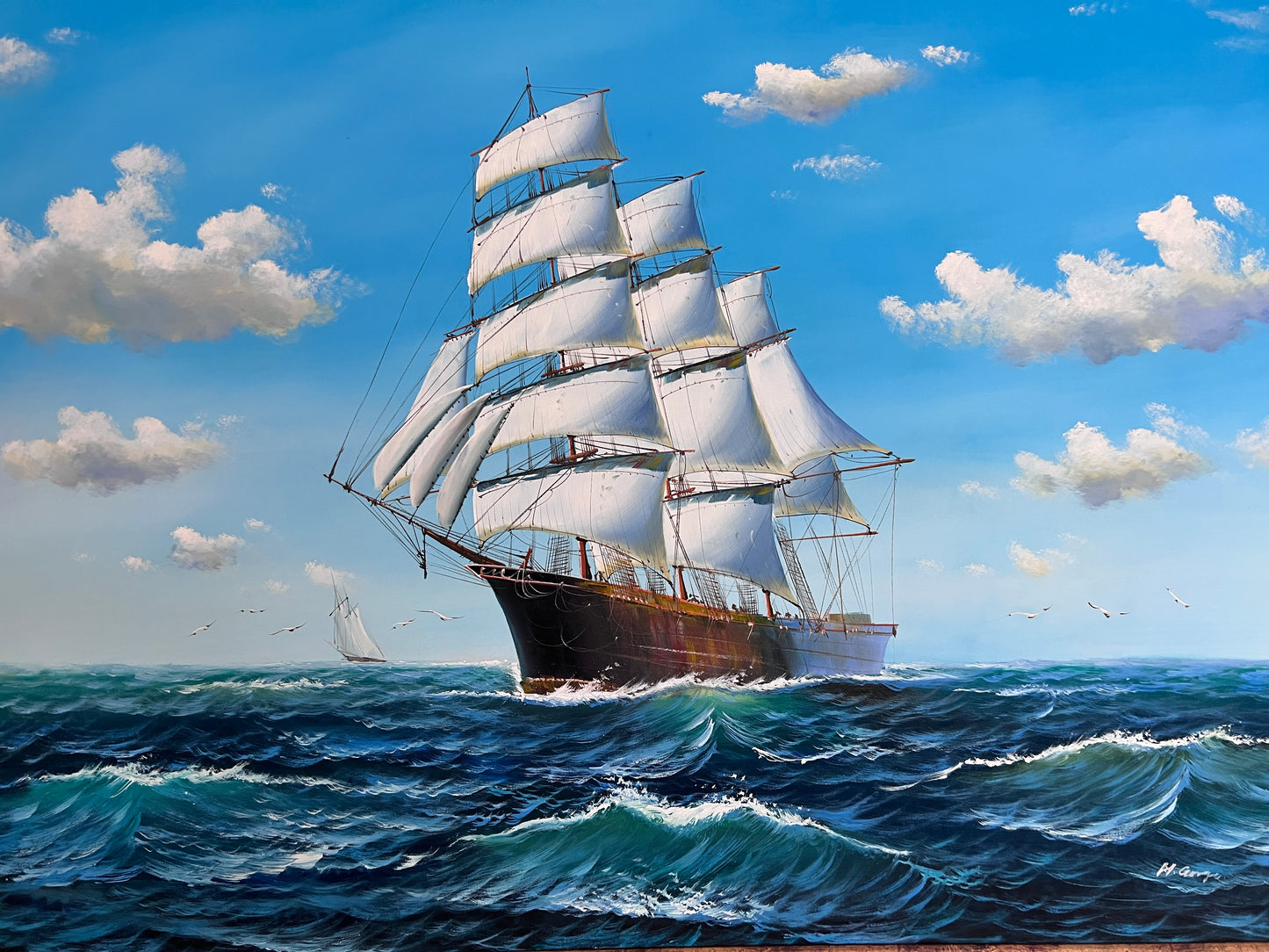 Large Original painting on canvas, seascape, Sailing Ship, signed, Framed