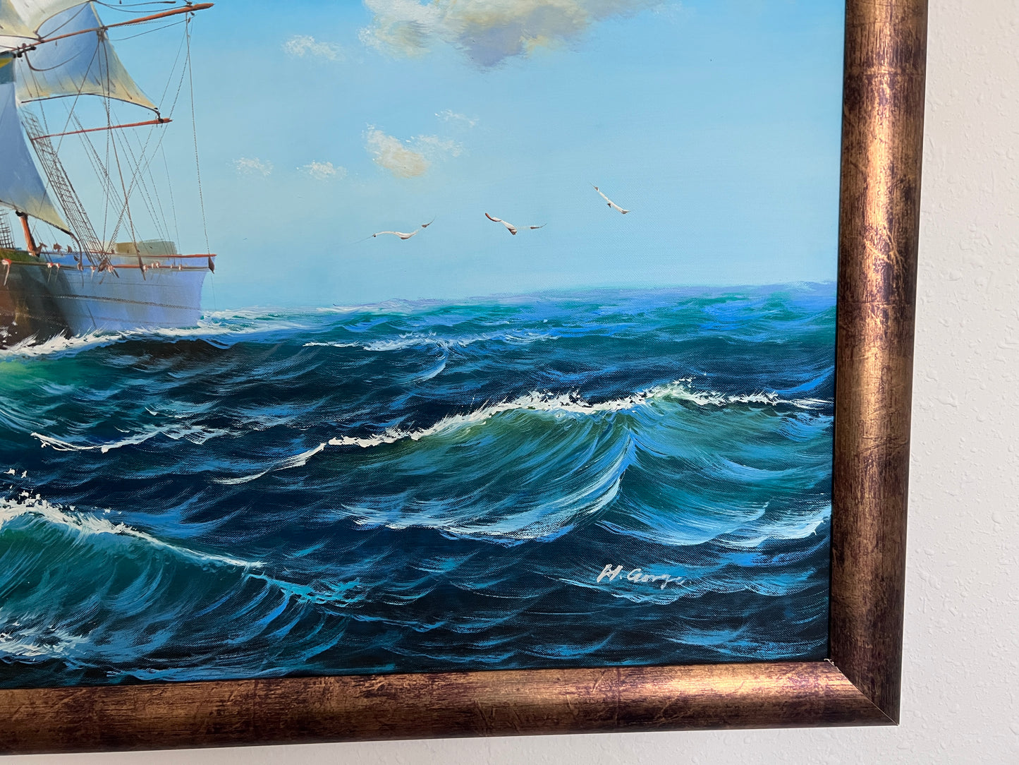 Large Original painting on canvas, seascape, Sailing Ship, signed, Framed