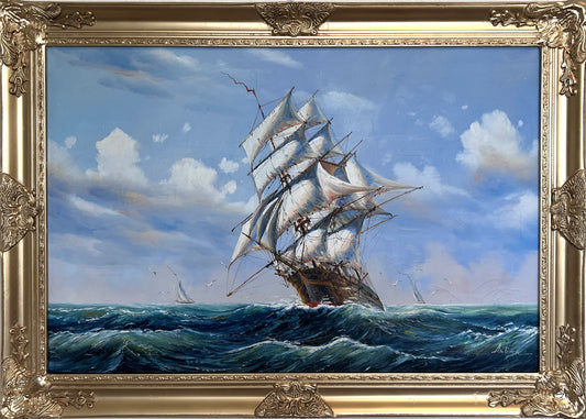 Abrose Large Oil painting on canvas, Seascape, Sailing Ship in the ocean, Framed