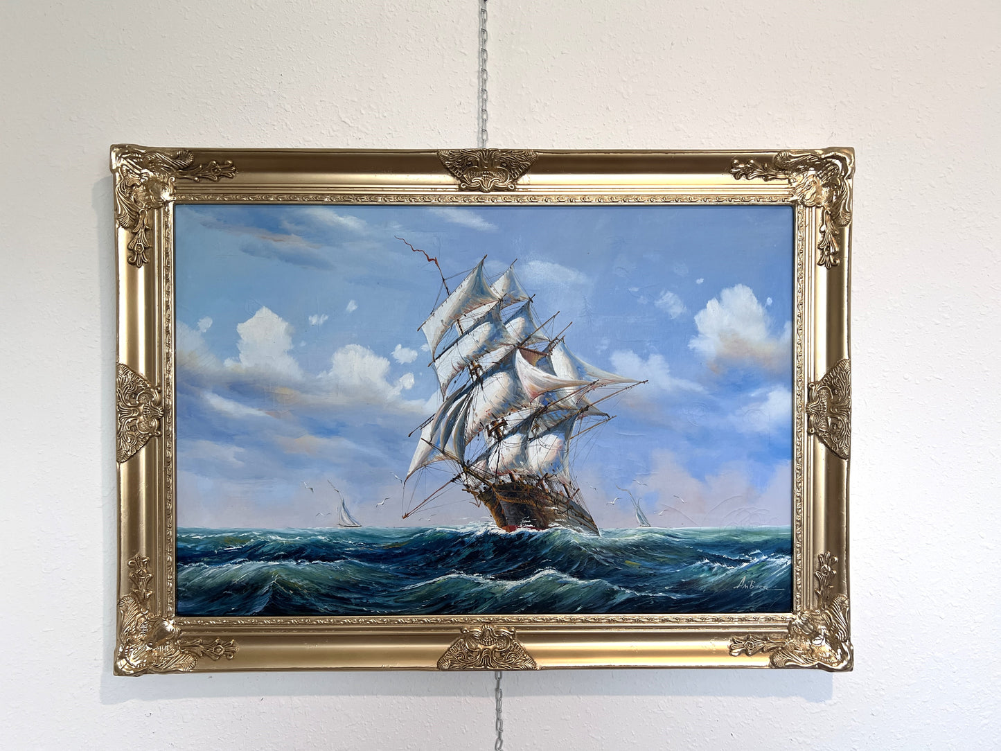 Abrose Large Oil painting on canvas, Seascape, Sailing Ship in the ocean, Framed