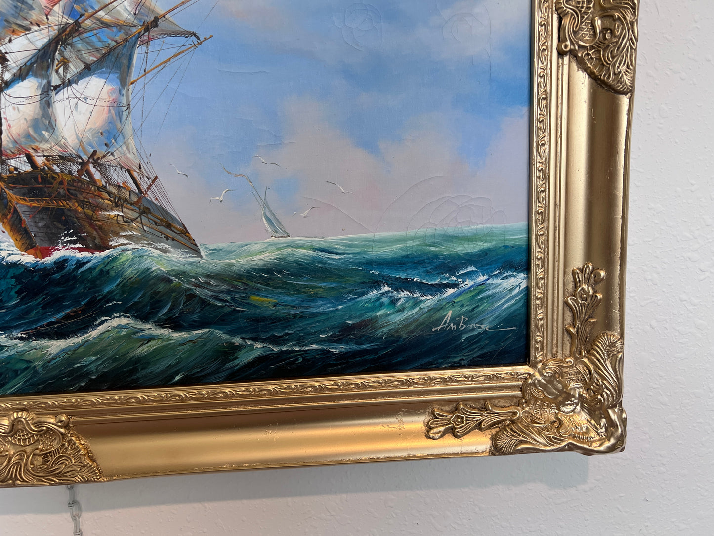 Abrose Large Oil painting on canvas, Seascape, Sailing Ship in the ocean, Framed