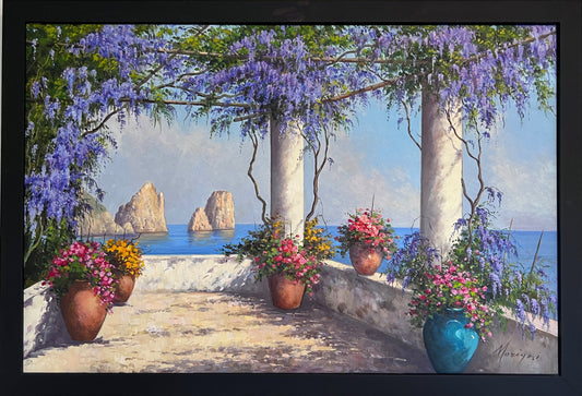 Italian Artist Moriani (20C) Coastal Landscape Oil on canvas painting, Framed