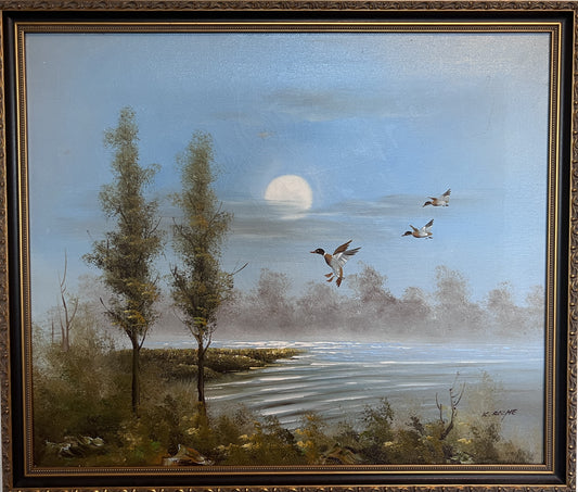 K.Roche Original Signed Oil Painting on Canvas Landscape, Ducks, Framed