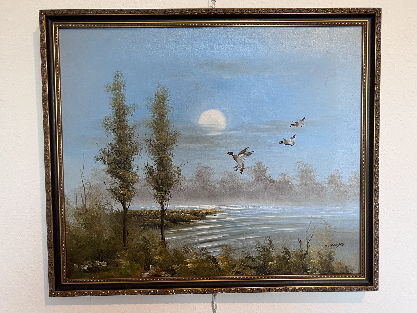 K.Roche Original Signed Oil Painting on Canvas Landscape, Ducks, Framed