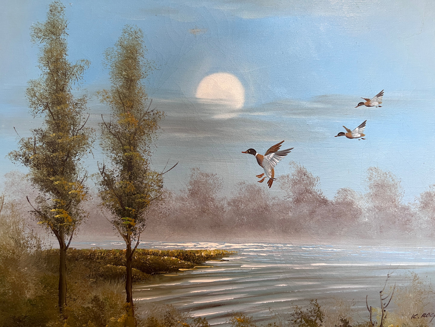 K.Roche Original Signed Oil Painting on Canvas Landscape, Ducks, Framed