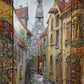 Signed Dated European Cityscape Old Town Oil Painting w Hand decorated Frame