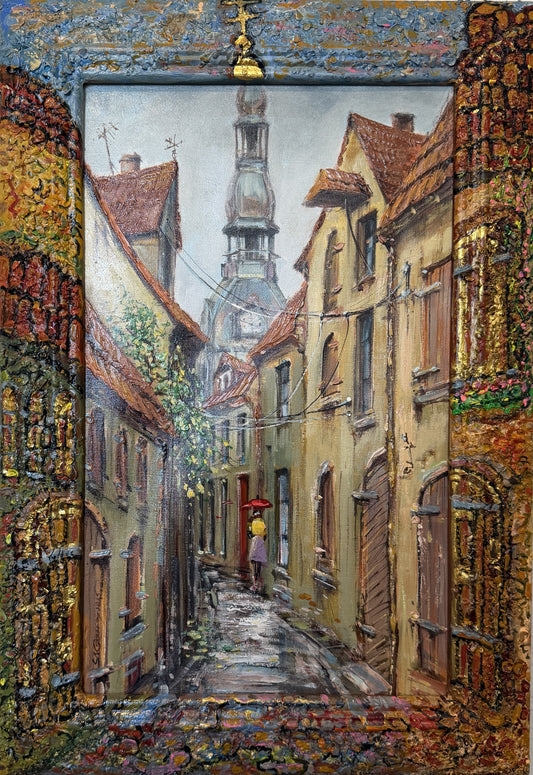 Signed Dated European Cityscape Old Town Oil Painting w Hand decorated Frame