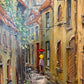 Signed Dated European Cityscape Old Town Oil Painting w Hand decorated Frame