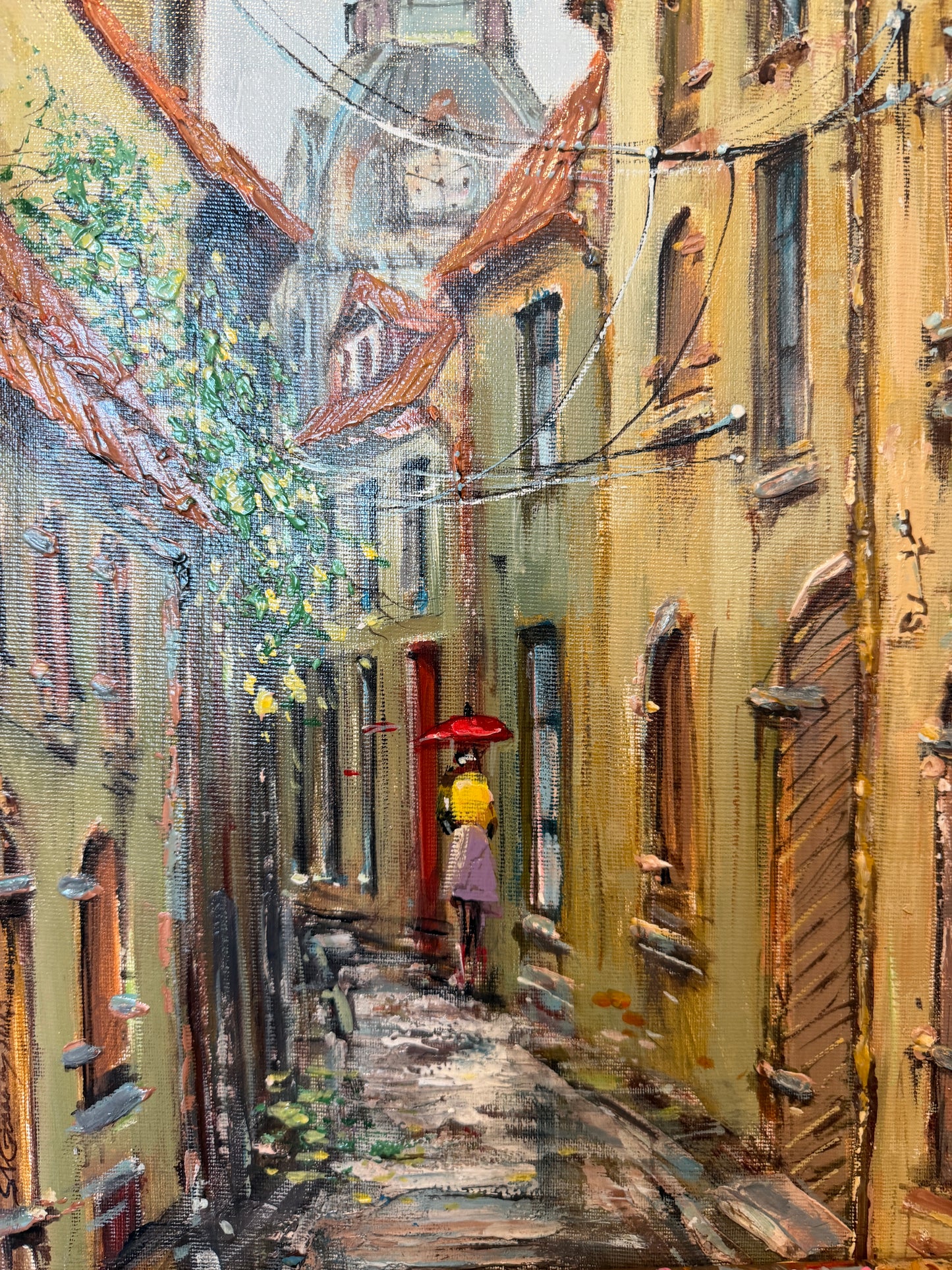 Signed Dated European Cityscape Old Town Oil Painting w Hand decorated Frame