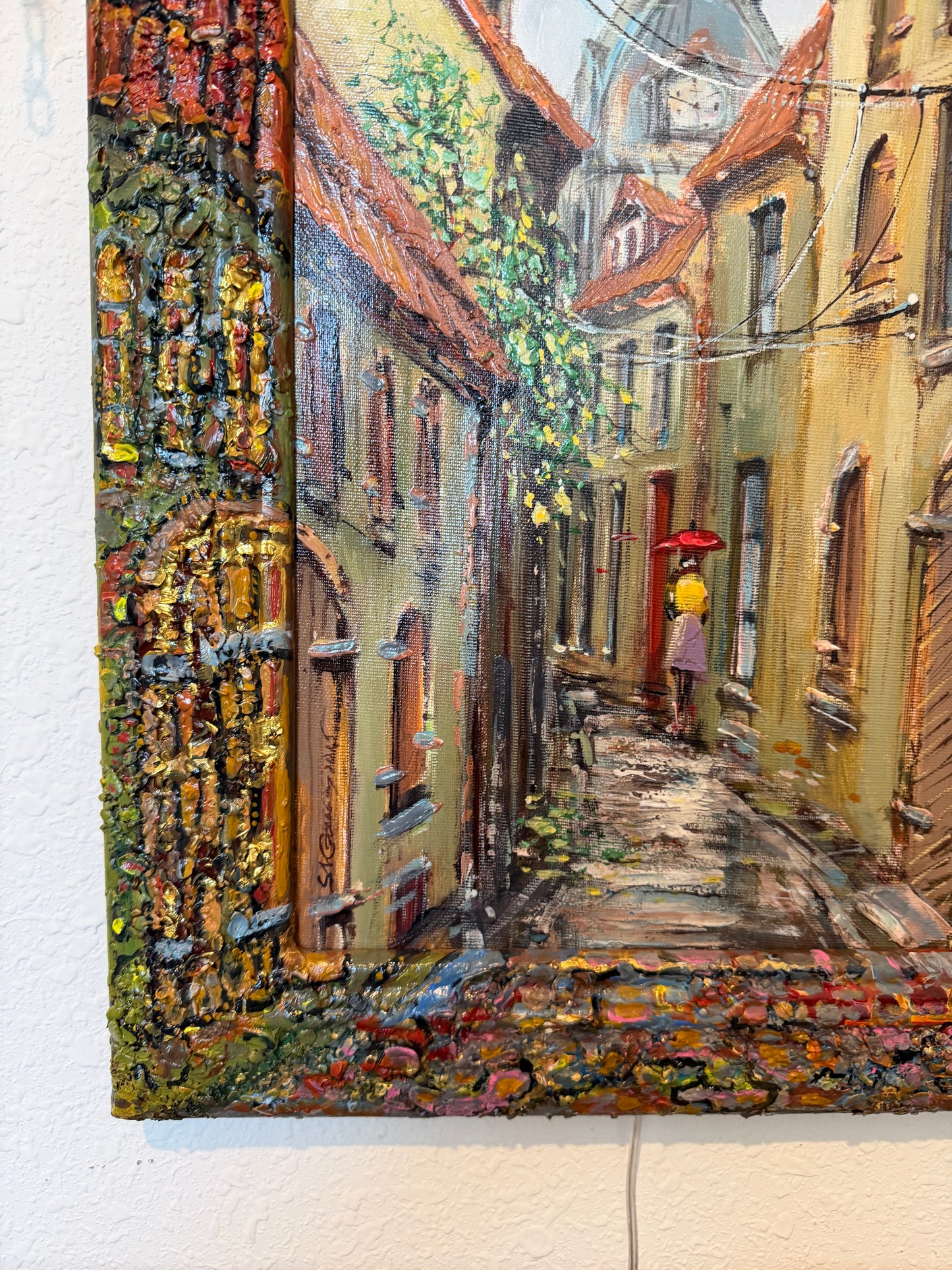 Signed Dated European Cityscape Old Town Oil Painting w Hand decorated Frame