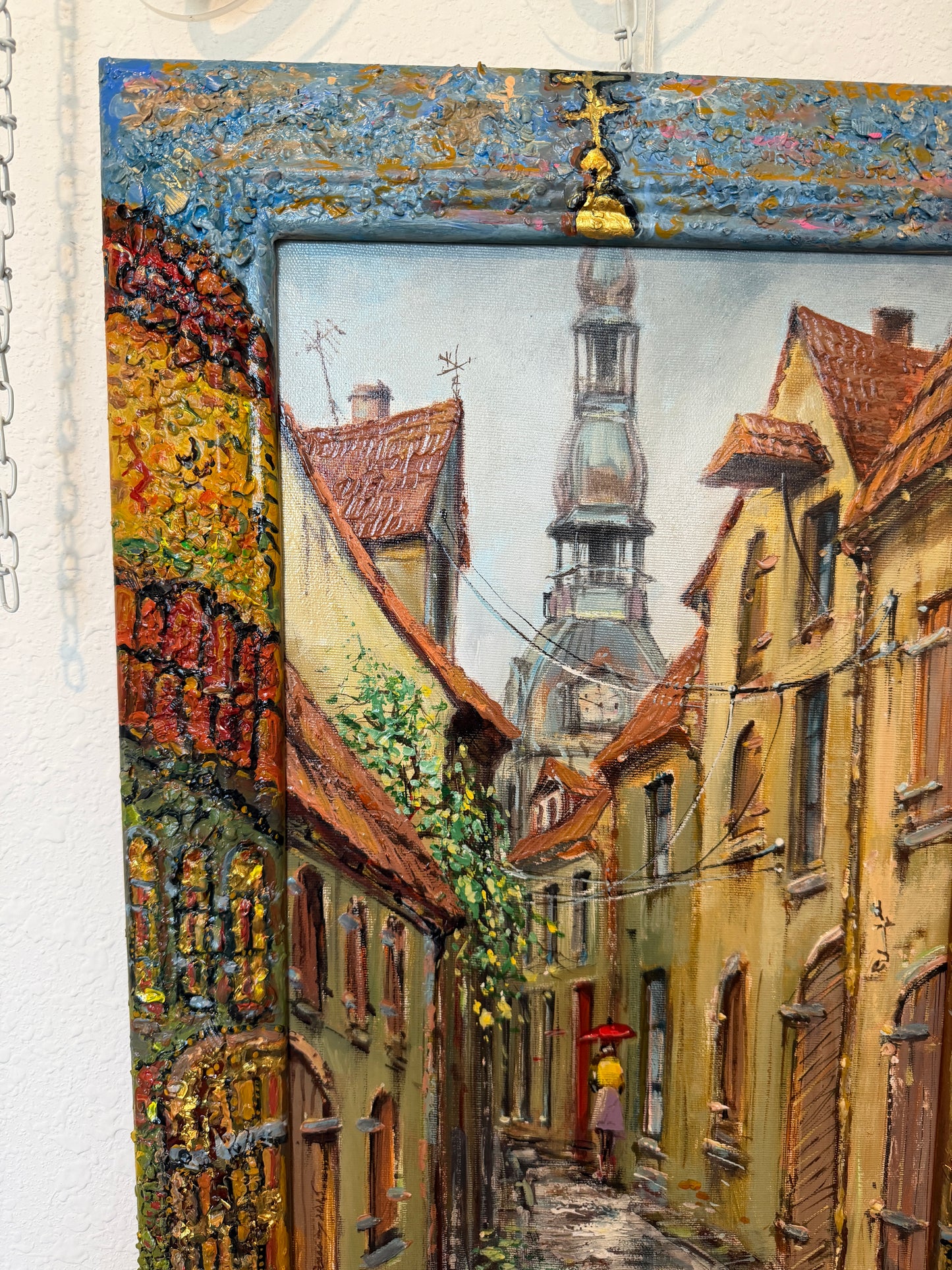 Signed Dated European Cityscape Old Town Oil Painting w Hand decorated Frame