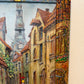 Signed Dated European Cityscape Old Town Oil Painting w Hand decorated Frame