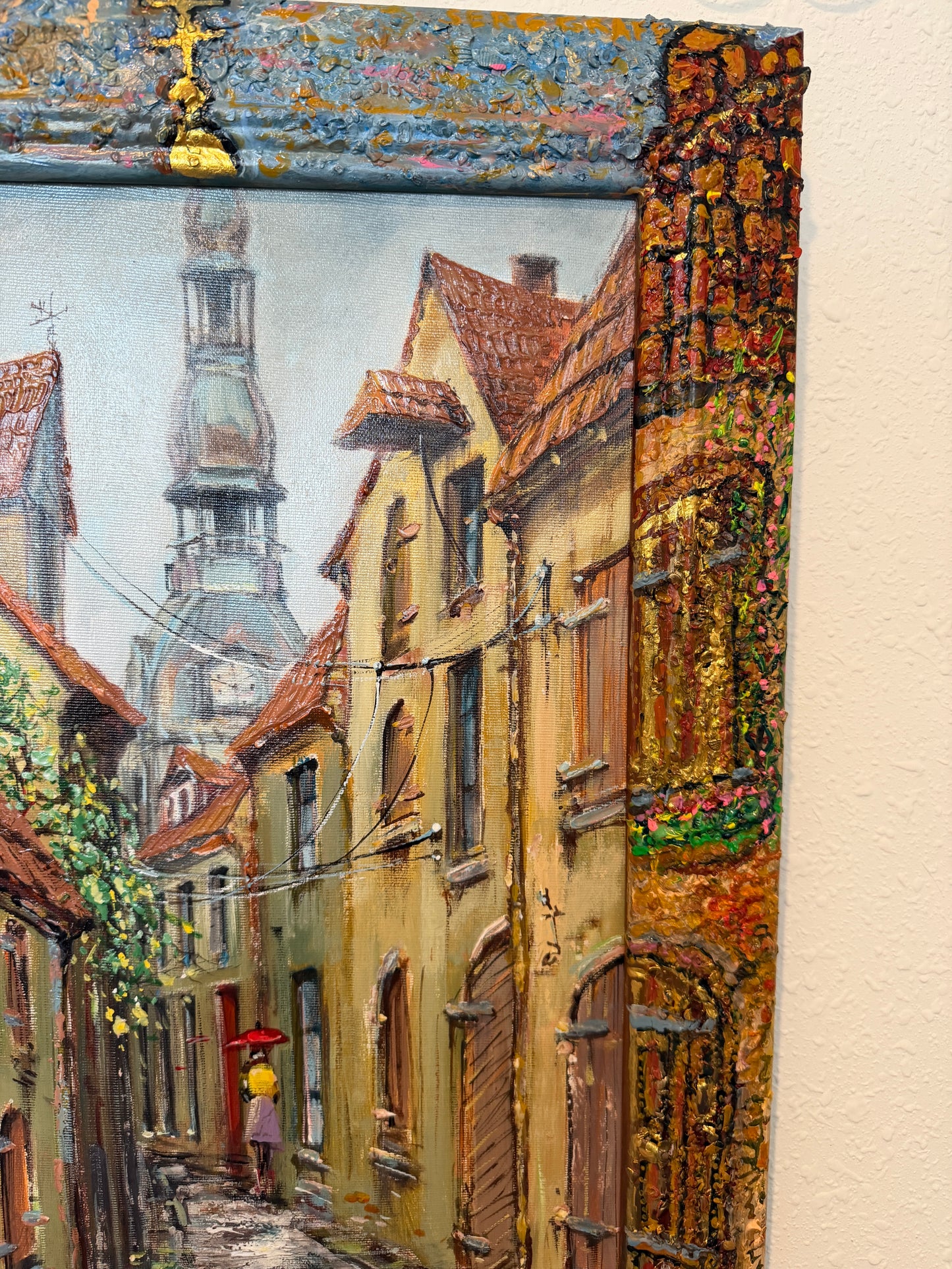 Signed Dated European Cityscape Old Town Oil Painting w Hand decorated Frame