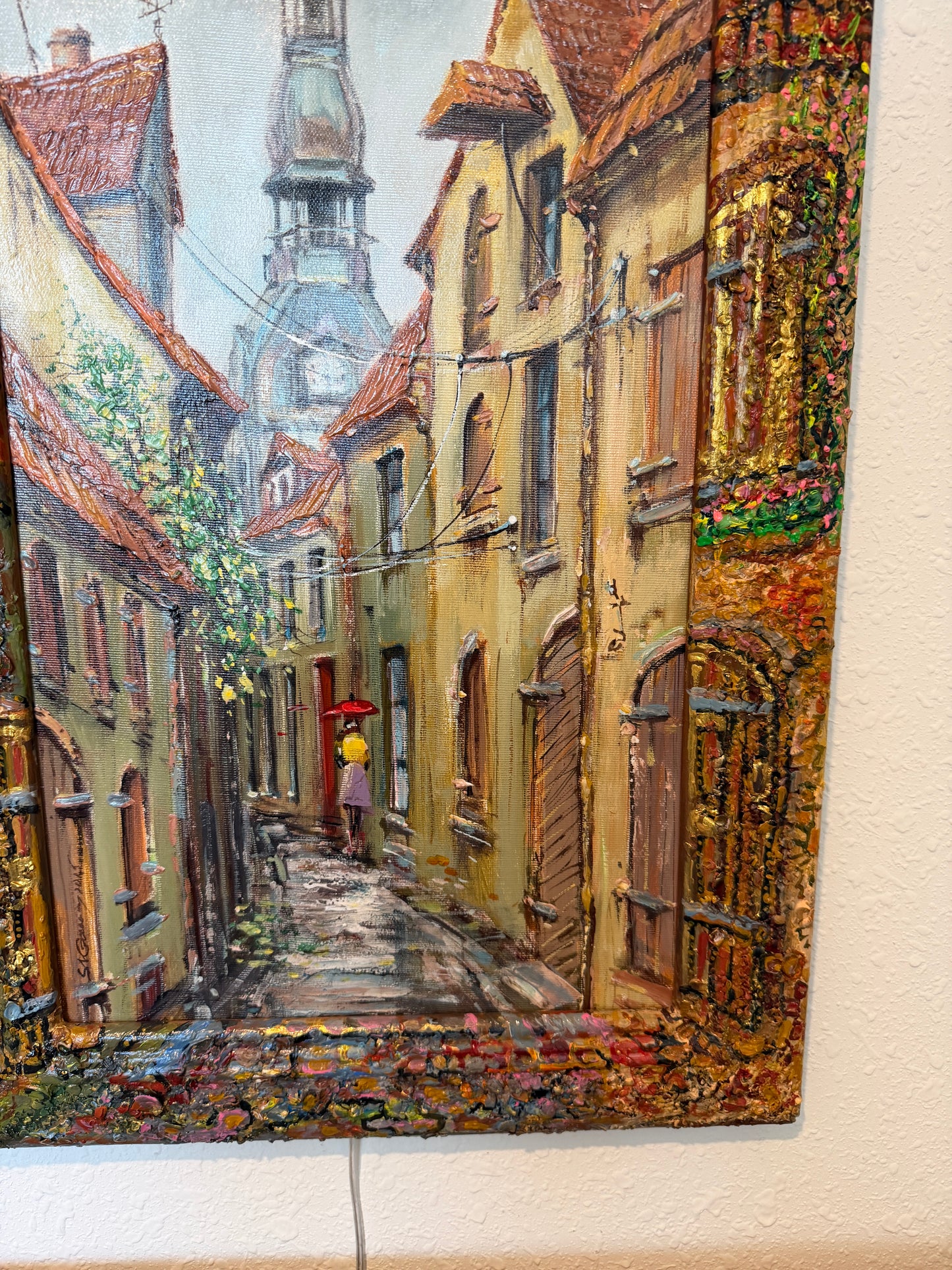 Signed Dated European Cityscape Old Town Oil Painting w Hand decorated Frame