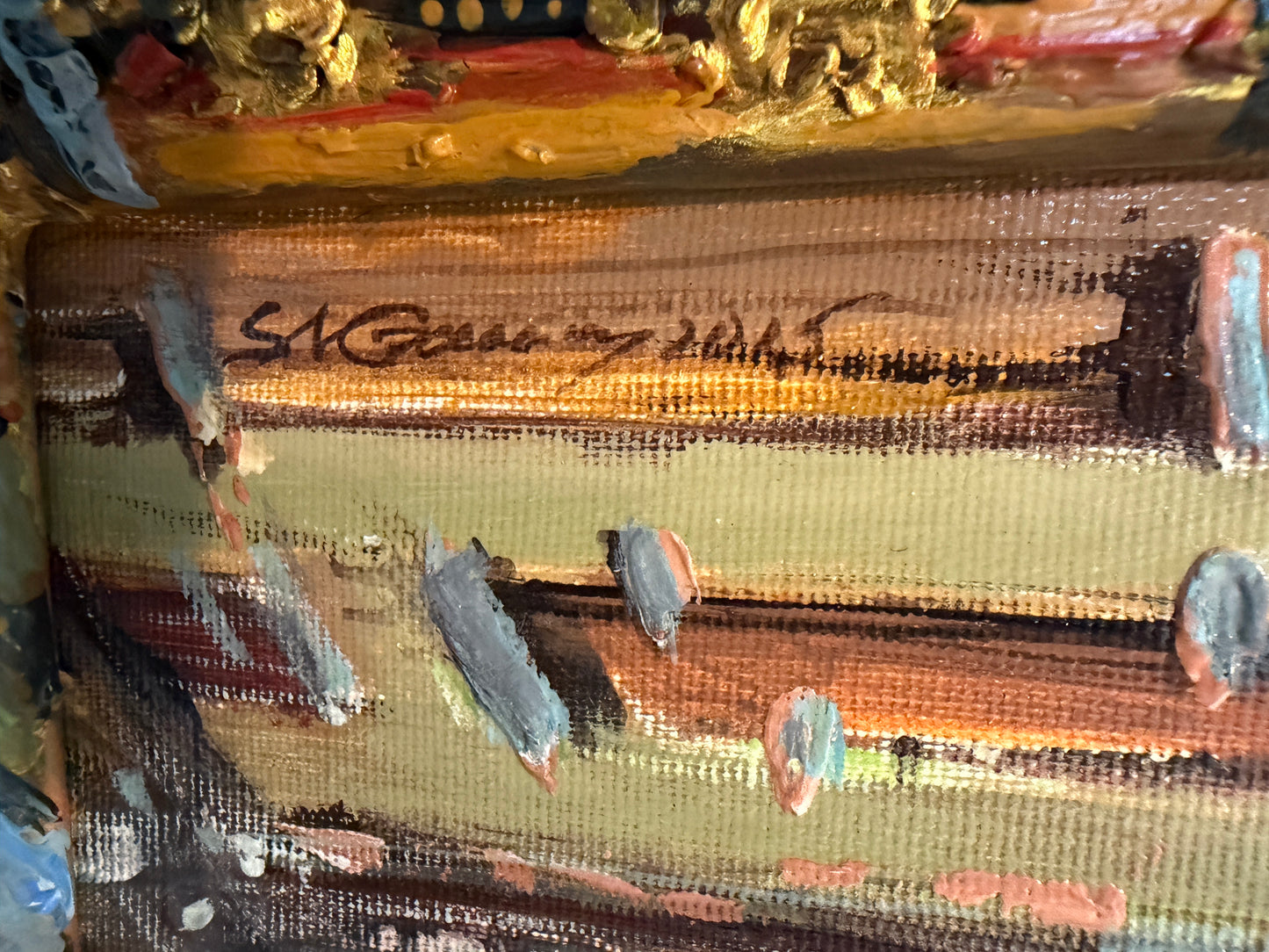 Signed Dated European Cityscape Old Town Oil Painting w Hand decorated Frame