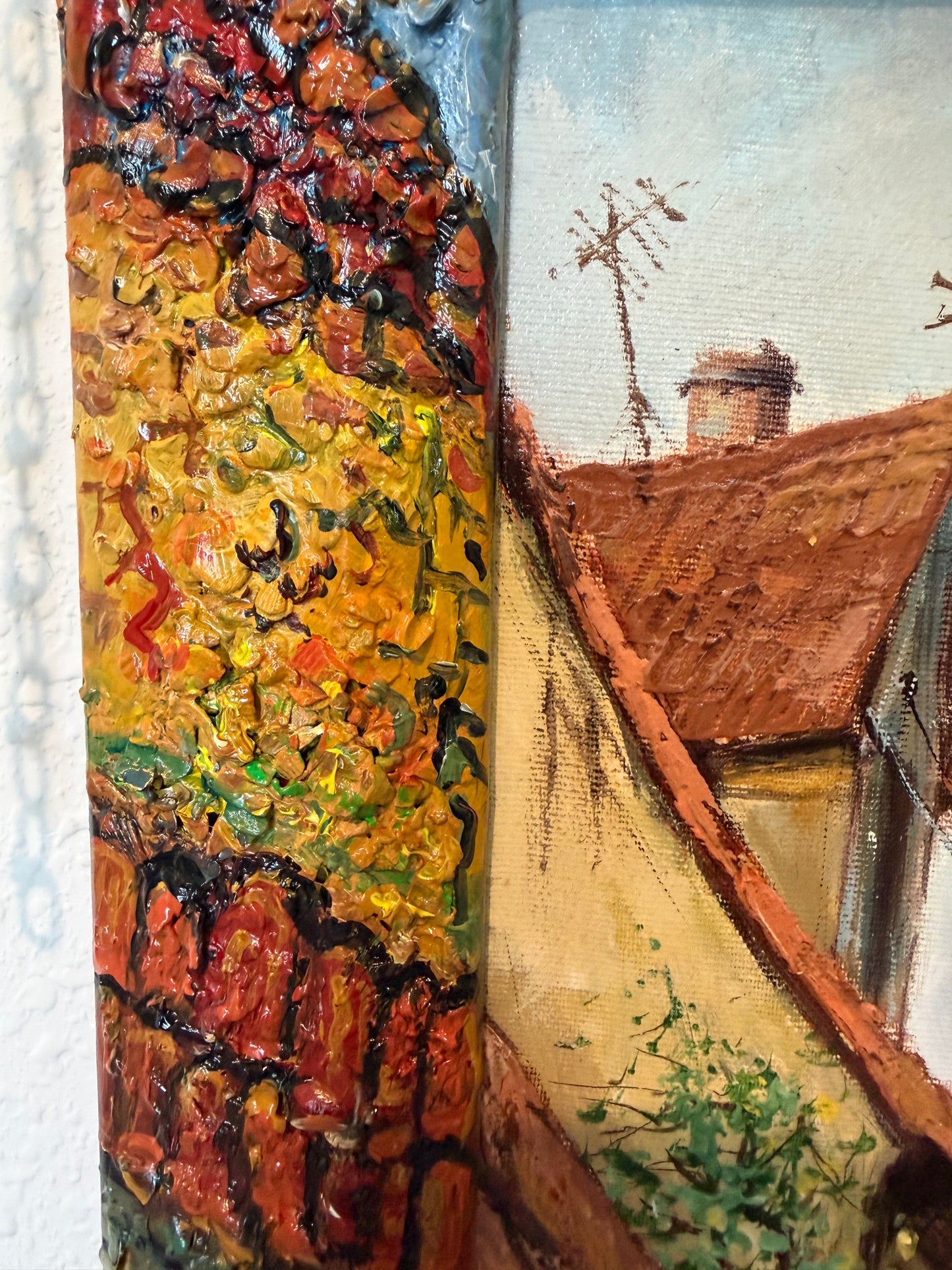 Signed Dated European Cityscape Old Town Oil Painting w Hand decorated Frame