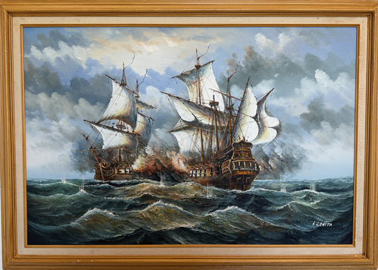 B. Lenita Large Vintage Oil Painting on canvas, Seascape Naval Sea Battle Framed
