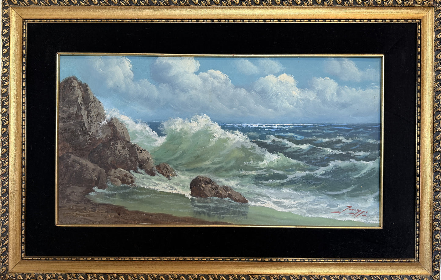 Vintage Original Maritime Oil Painting – Signed, Rocky Coast Waves Seascape