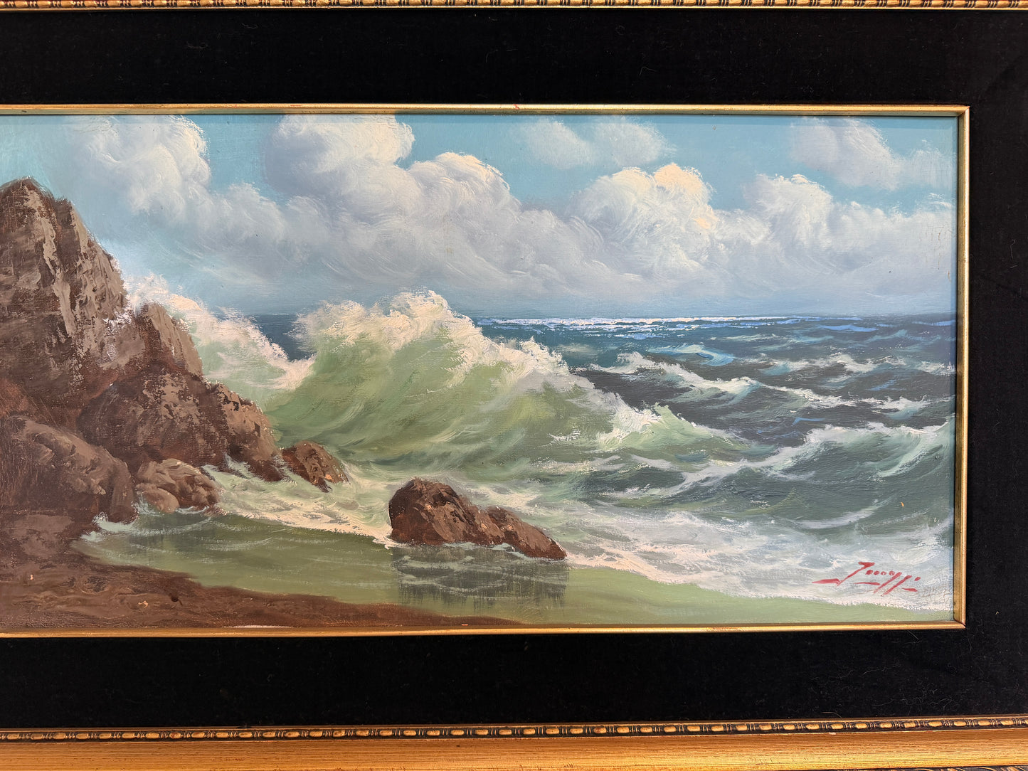 Vintage Original Maritime Oil Painting – Signed, Rocky Coast Waves Seascape