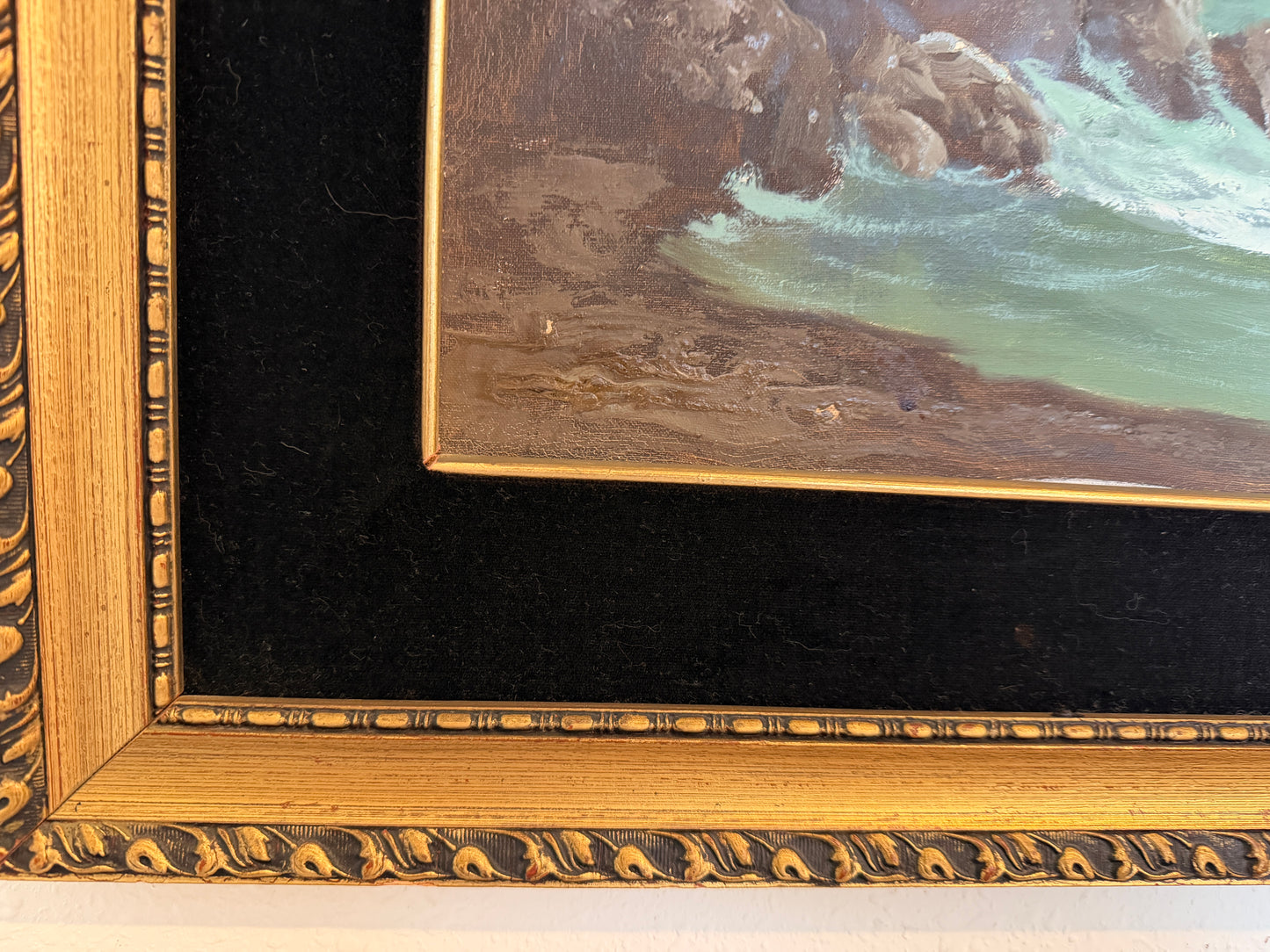 Vintage Original Maritime Oil Painting – Signed, Rocky Coast Waves Seascape