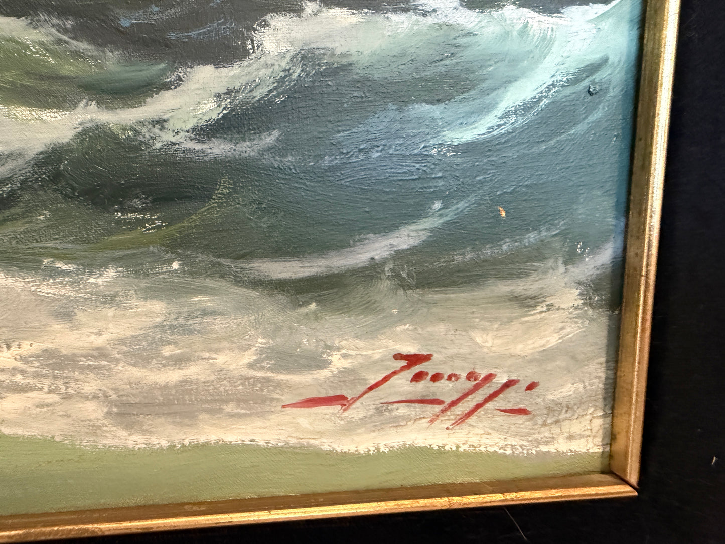 Vintage Original Maritime Oil Painting – Signed, Rocky Coast Waves Seascape
