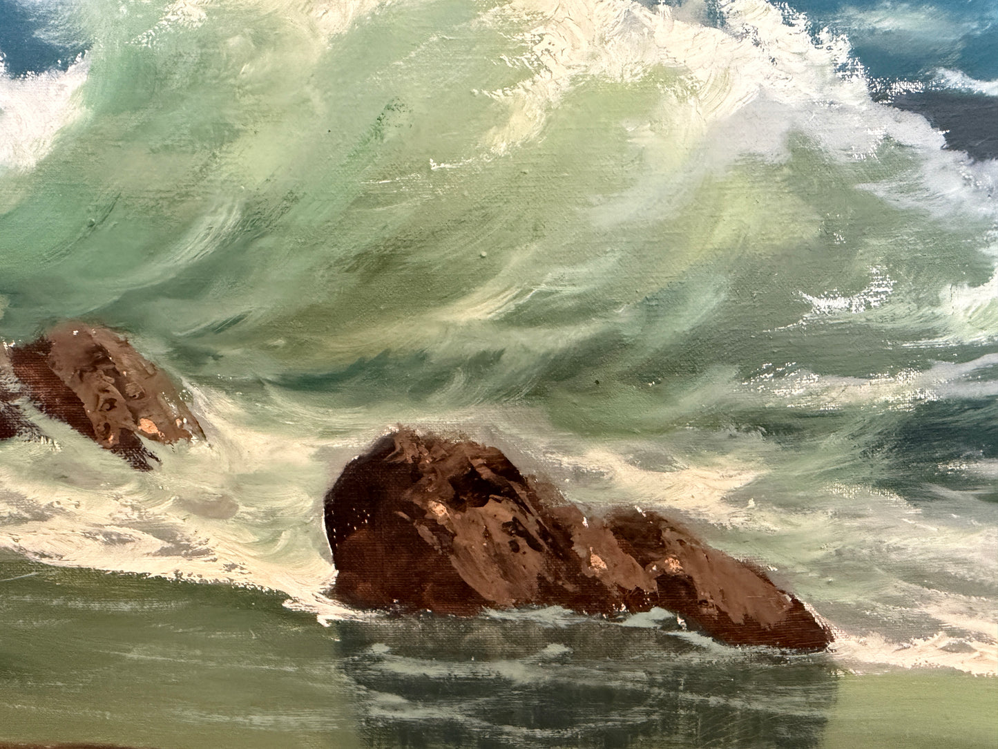 Vintage Original Maritime Oil Painting – Signed, Rocky Coast Waves Seascape