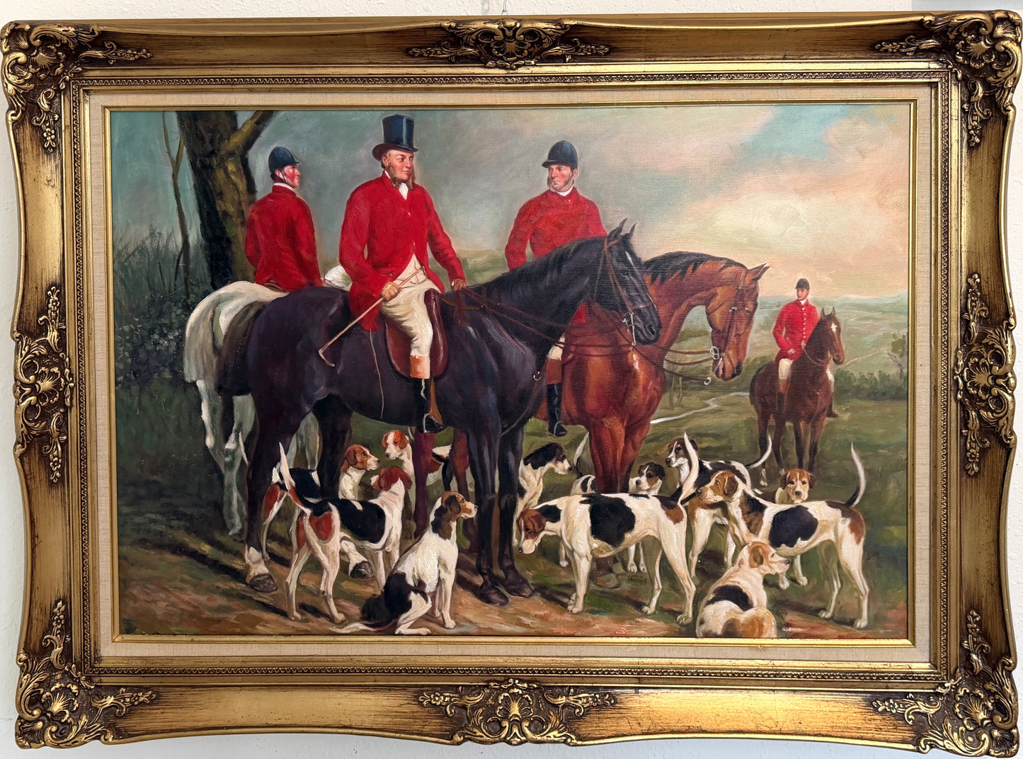 Original Oil Painting, English Fox Hunt Scene with Riders, Horses & Hounds