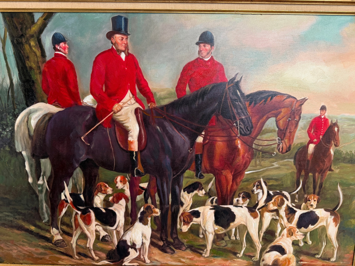 Original Oil Painting, English Fox Hunt Scene with Riders, Horses & Hounds