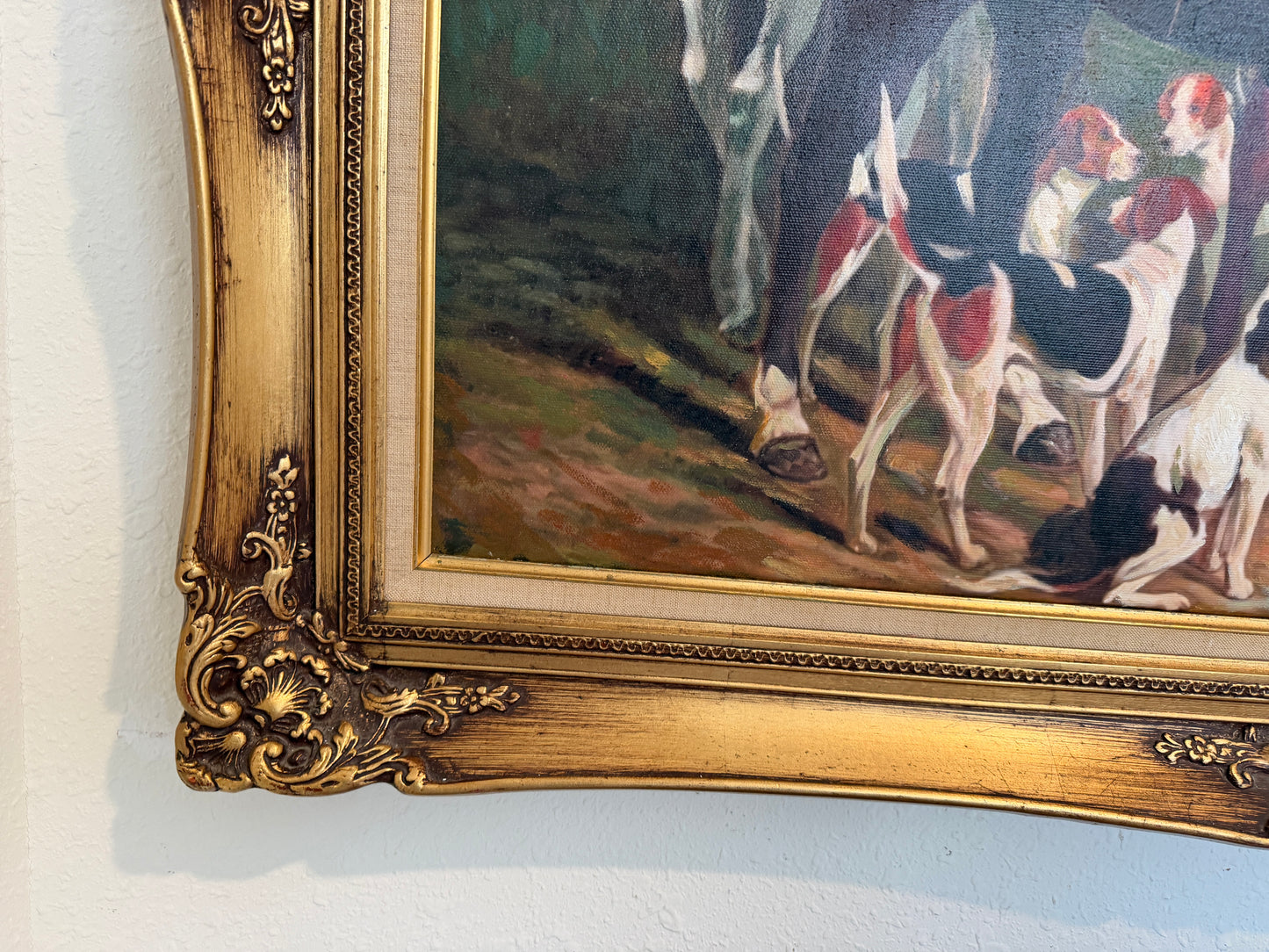 Original Oil Painting, English Fox Hunt Scene with Riders, Horses & Hounds